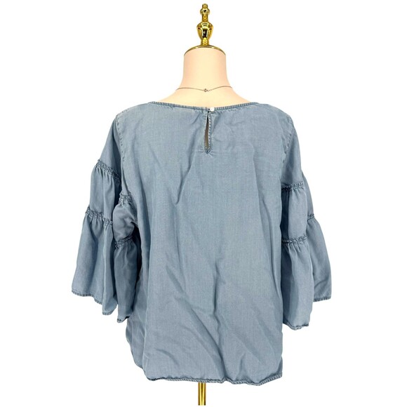 J. Jill Denim Blue Chambray Tiered Ruffle Bell Sleeve Blouse Top XLP Beachy READ - Picture 12 of 16
